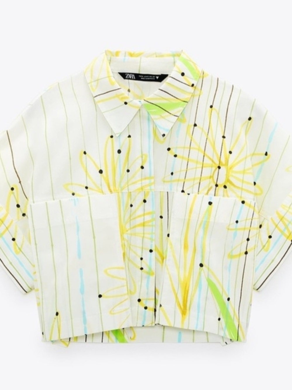 ZARA White Button-Down Shirt with Yellow Floral & Green Accents